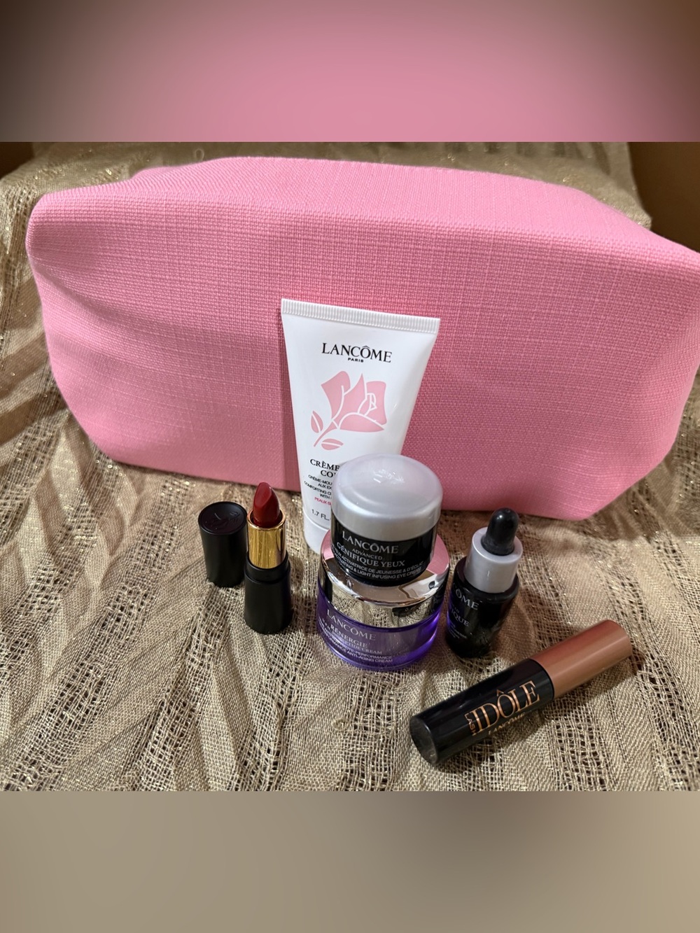Lancôme Pink Cosmetic Pouch with Skincare and Lip Color 5 pieces